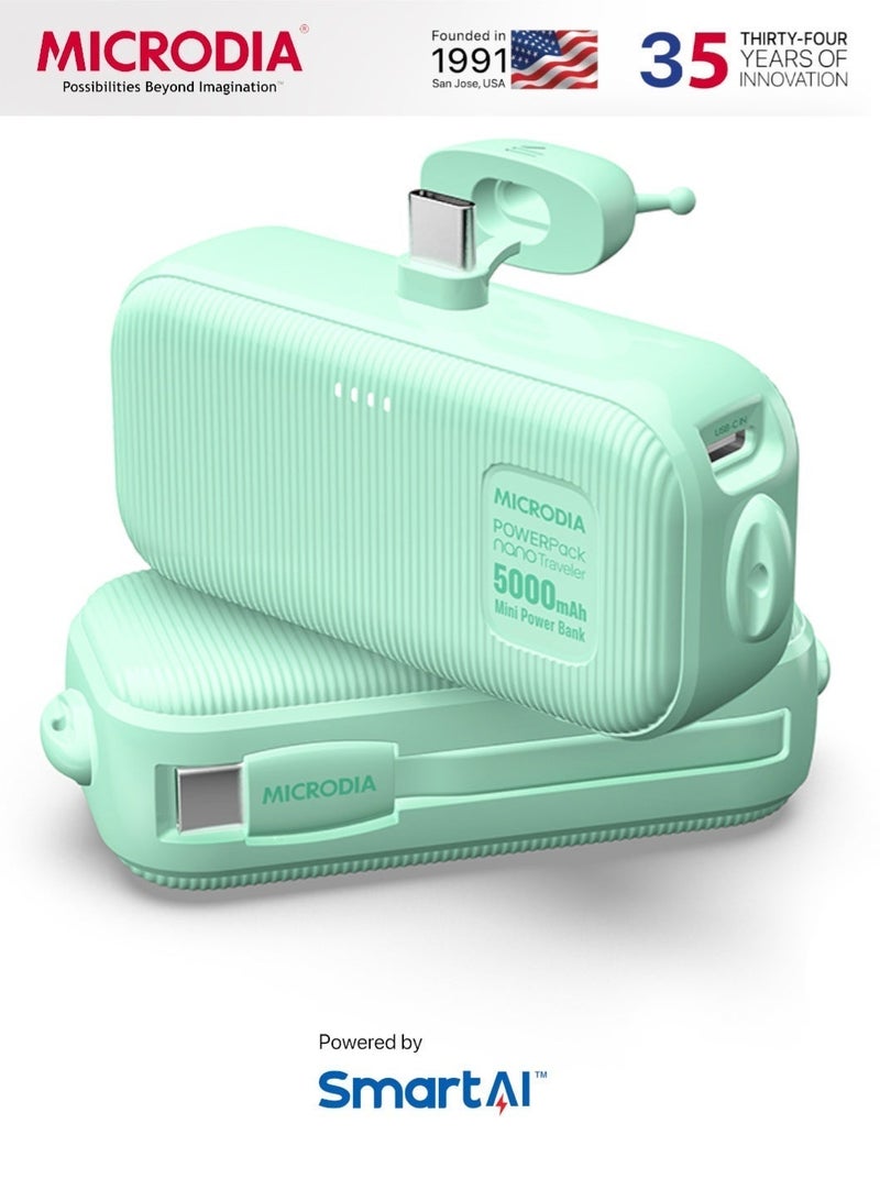 Microdia 2-in-1 PowerPack Nano Traveler 20W Type C Power Bank, 5000mAh Built-in Type C Cable & Connector Portable Charger for iPhone, Samsung, & Android – Mint - Image 1